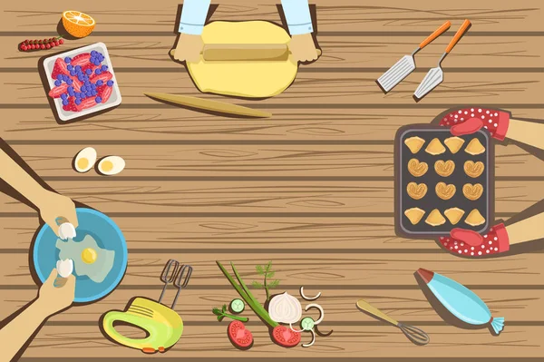 Дитячі ремесла та приготування їжі Два ілюстрації тільки руками видно над табло — стоковий вектор