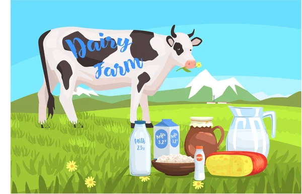 Krajobraz z krowy i przetworów mlecznych na pierwszym planie — Wektor stockowy