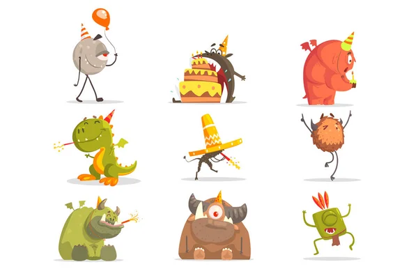 Monstruos en fiesta de cumpleaños en situaciones divertidas . — Vector de stock