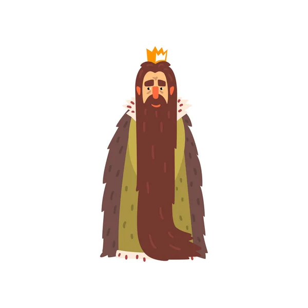 Majestätische König-Figur mit langem Bart Cartoon-Vektor-Illustration auf weißem Hintergrund — Stockvektor