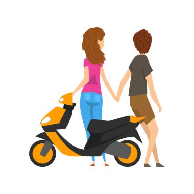 Genç adam ve scooter yanında duran ve elele kadın üzerinde beyaz bir arka plan illüstrasyon vektör