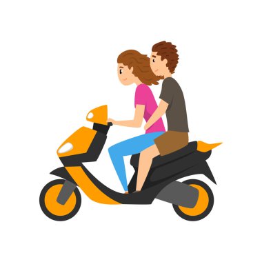 Genç adam ve kadın Binicilik scooter, motosiklet üzerinde aşık çift üzerinde beyaz bir arka plan illüstrasyon vektör