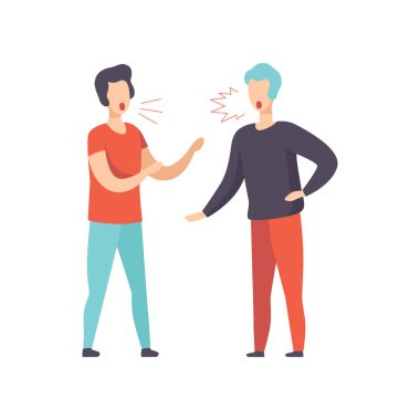 Kavga, iki genç adam agresif ve şiddet içeren davranışlar vektör çizim beyaz bir arka plan üzerinde