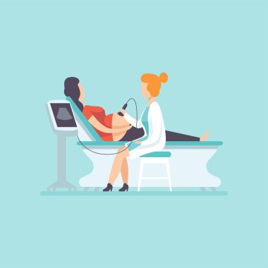 Hamile kadın, Bayan hasta klinik vektör çizim ultrasonik ekipmanları ile inceleyerek jinekolog doktor için ultrasonografi yapıyor Doktor