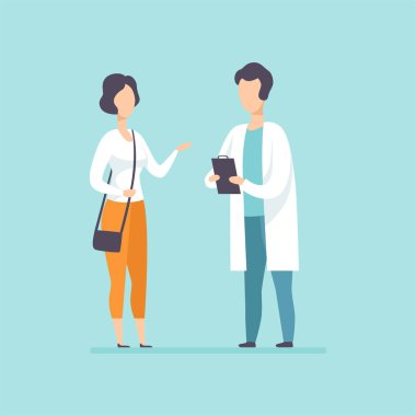 Pratisyen Doktor danışmanlık bayan hasta tıbbi ofis, tıbbi tedavi ve sağlık kavramı vektör çizim