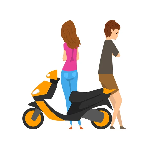 Ung man och kvinna som står bredvid scootern vektor Illustration på vit bakgrund — Stock vektor