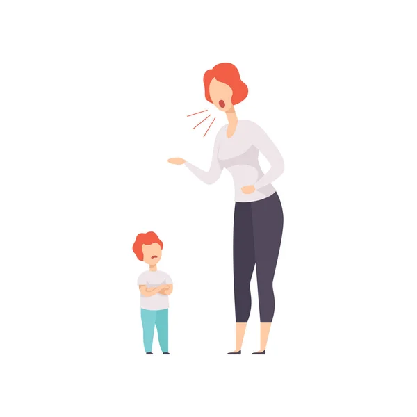 Mom scolding at her son, young woman yelling at child vector Illustration on a white background — Stock Vector