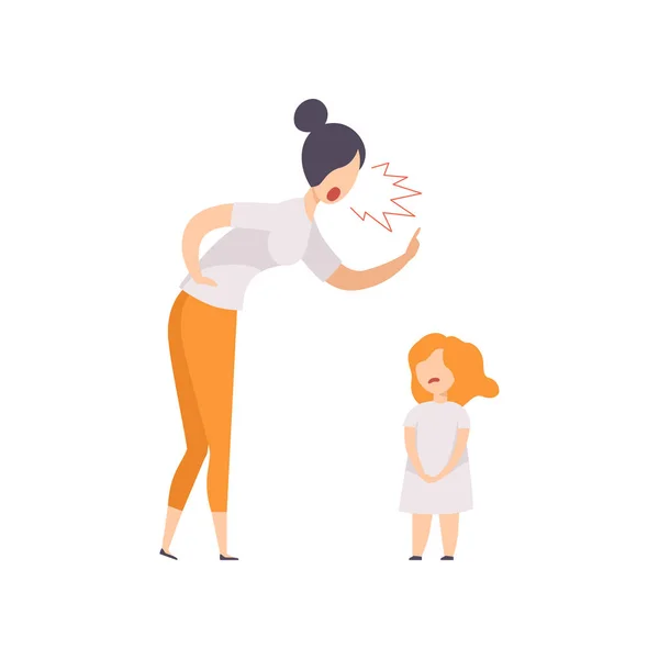 Moeder scolding op haar dochter, jonge vrouw schreeuwen tegen kind vector illustratie op een witte achtergrond — Stockvector
