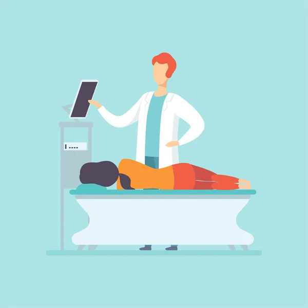 Huisarts dokter onderzoekt vrouwelijke patiënt liggend op het bed, de medische behandeling en de gezondheidszorg concept vector illustratie — Stockvector