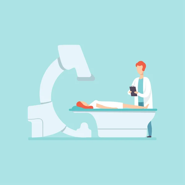 Médecin homme scannant patiente avec équipement médical en clinique, traitement médical et vecteur de concept de santé Illustration — Image vectorielle