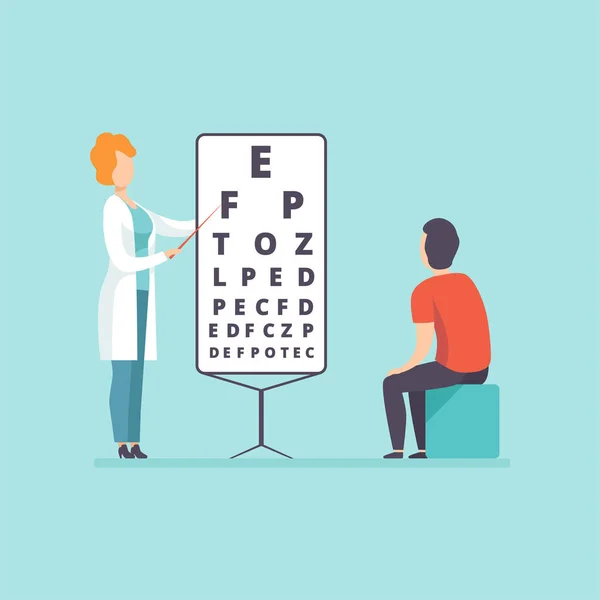 Oftalmólogo médico haciendo la prueba de la vista al paciente masculino, tratamiento médico y vector concepto de salud Ilustración — Vector de stock