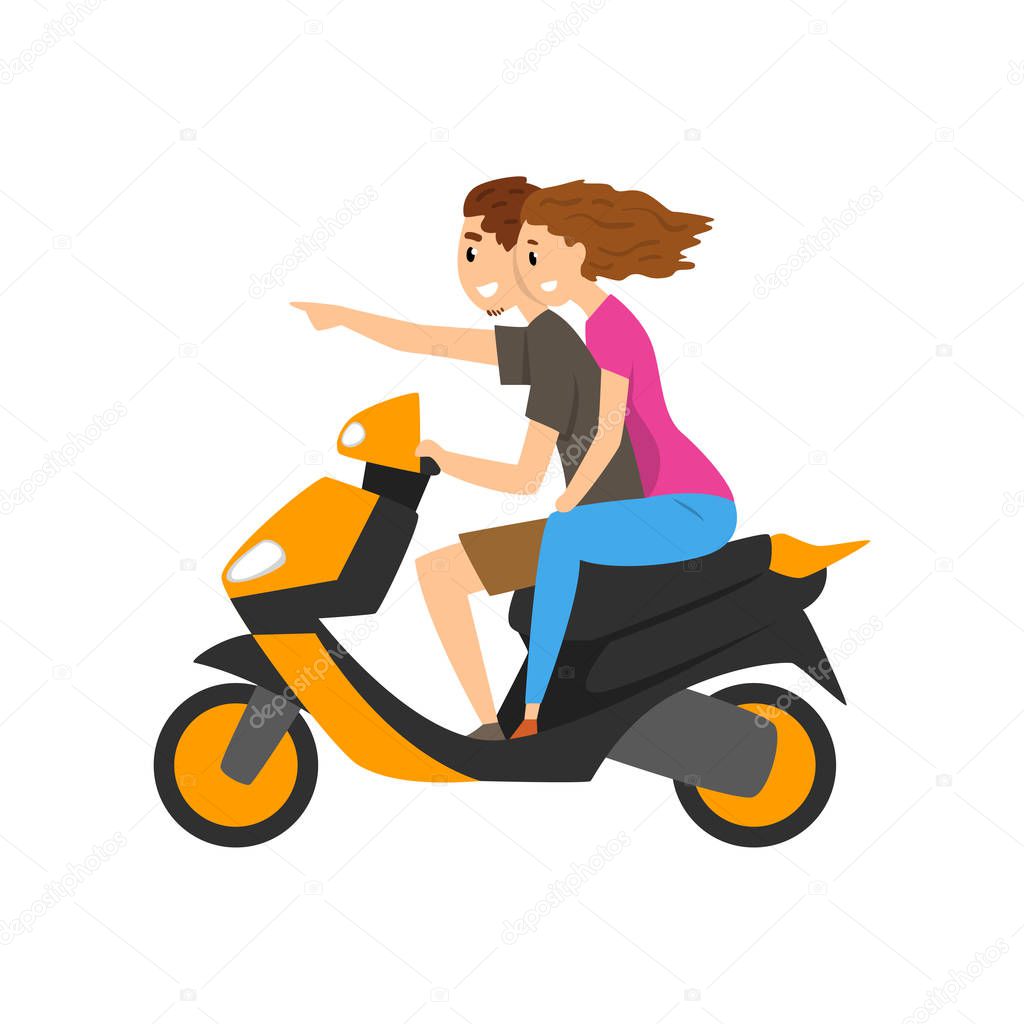 Young couple travelling by scooter vector Illustration on a white background