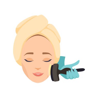 Genç kadın sahip anti yaşlanma yordamda güzellik salonları, yüz gençleştirme vektör çizim için kozmetik prosedür