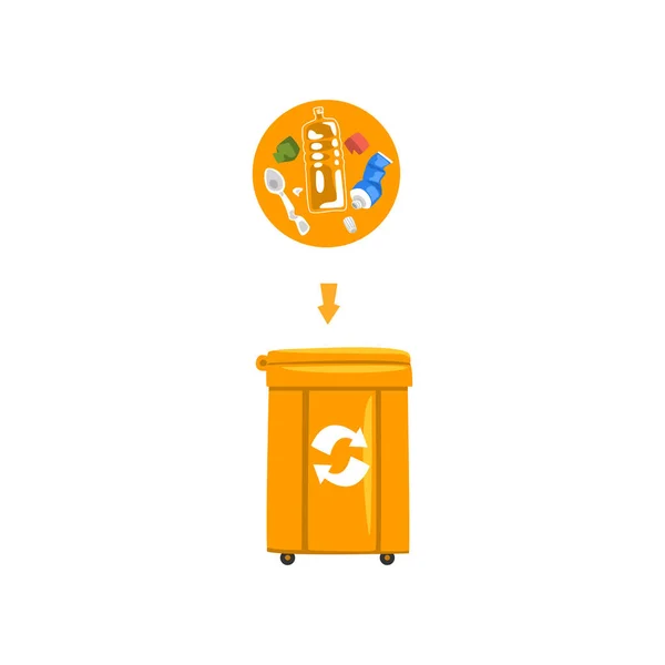 Poubelle orange avec ordures triées, recyclage des déchets vecteur de l'industrie Illustration — Image vectorielle