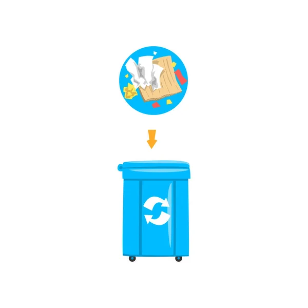 Blauwe Prullenbak vuilnisbak met gesorteerde garbage, recycling van afval industrie vector illustratie — Stockvector