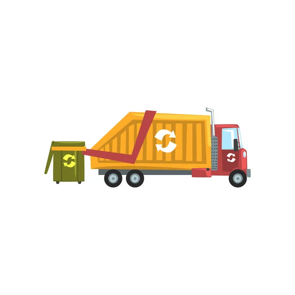 Garbage truck, hulladék újrahasznosítás vektoros illusztráció egy fehér háttér — Stock Vector