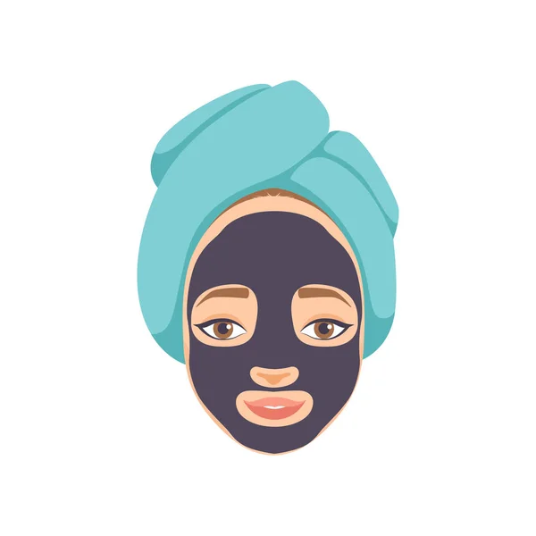Gyönyörű nő arcát maszk tisztító fekete, kozmetikai eljárás arc fiatalító vektoros illusztráció — Stock Vector