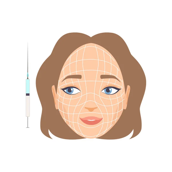 Jeune femme visage avec des lignes de massage, fille ayant l'injection faciale d'acide hyaluronique, vecteur de procédure rajeunissant Illustration — Image vectorielle