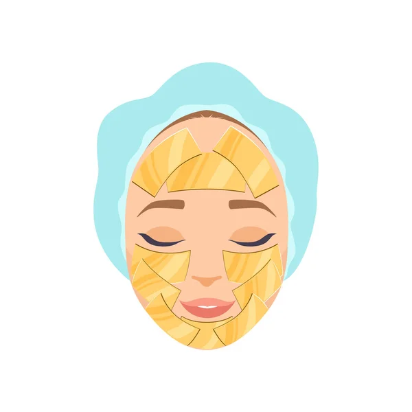 Bella donna con maschera idratante sul viso, procedura cosmetica per il viso vettore di ringiovanimento Illustrazione — Vettoriale Stock