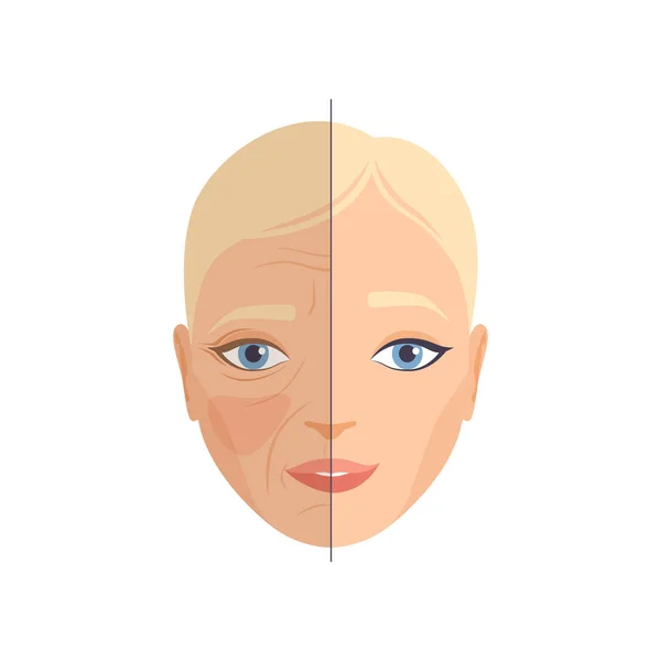 Rostro de la mujer antes y después del procedimiento cosmético, rejuvenecimiento facial, cosmetología y vector concepto anti envejecimiento Ilustración — Archivo Imágenes Vectoriales