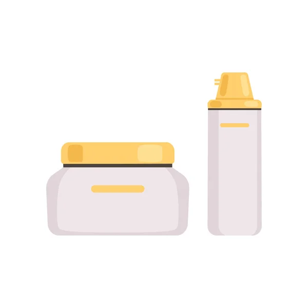 Περιποίηση δέρματος Καλλυντικά πακέτα με χρυσά καπάκια, μπουκάλια καλλυντικά, λοσιόν, ορού ή κρέμα προσώπου διανυσματικά εικονογράφηση — Διανυσματικό Αρχείο