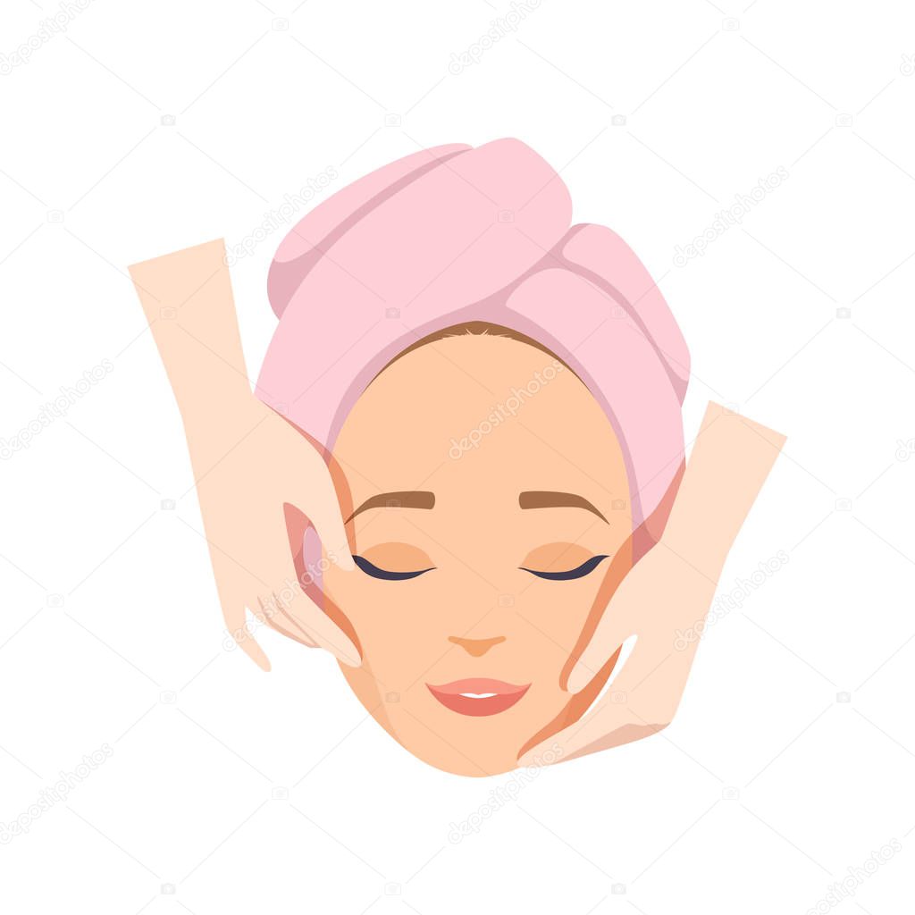 Young woman having anti aging massage, beauty facial procedure, spa therapy vector Illustration on a white background