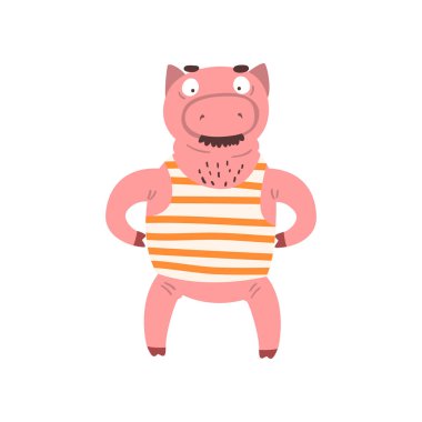 Beline çiftlik hayvan çizgi film karakteri spor egzersiz vektör çizim yaparken elleri ile iki ayak üzerinde komik erkek domuz ayakta