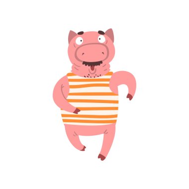 Komik erkek domuz çalıştıran, çiftlik hayvan çizgi film karakteri spor egzersiz vektör çizim yapıyor