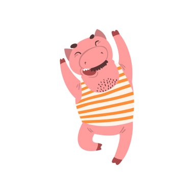 Mutlu gülümseyen erkek domuz çizgi film karakteri çizgili singlet vektör çizim üzerinde beyaz bir arka plan atlama