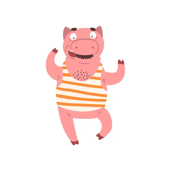 Çizgili singlet, çiftlik hayvan karikatür karakter vektör çizim beyaz bir arka plan üzerinde komik erkek domuz — Stok Vektör