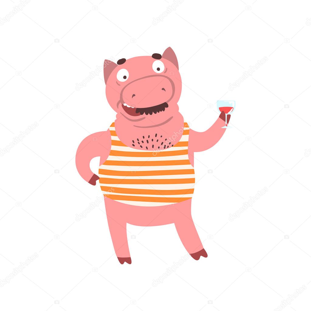 Funny male pig standing and holding glass of wine, farm animal cartoon character drinking wine vector Illustration
