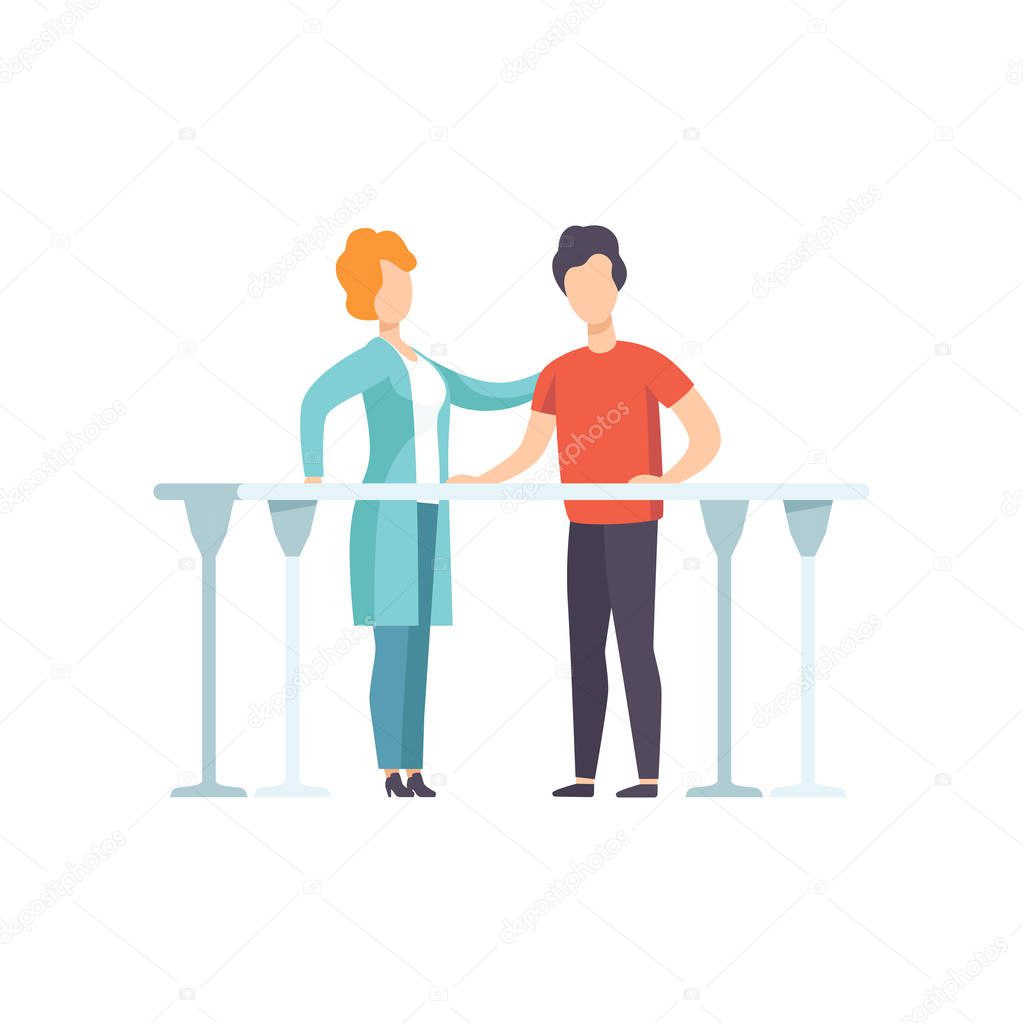 Therapist working with disabled patient using parallel bars, medical rehabilitation, physical therapy activity vector Illustration