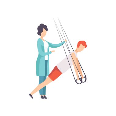 Yoğun beden eğitimi, trx eğitim, sağlıklı yaşam ve rehabilitasyon karikatür vektör çizim için özel halatlar kullanarak egzersizleri yapıyor adam