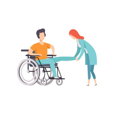 Kadın doktor oturma tekerlekli sandalye, tıbbi rehabilitasyon, fizik tedavi etkinliği karikatür vektör çizim kadın yardım