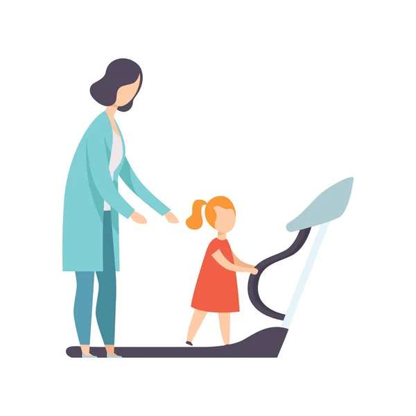 Therapist working with little girl training on treadmill, recovery after trauma, medical rehabilitation, physical therapy activity vector Illustration — Stock Vector