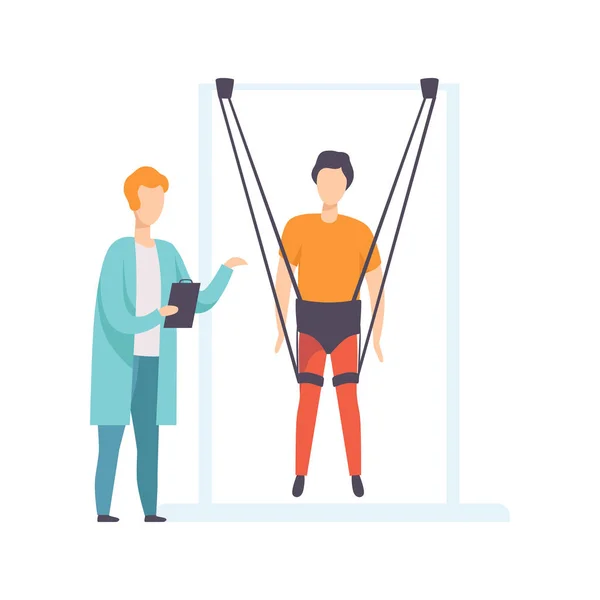 強烈な身体のトレーニング、健康的なライフ スタイル、リハビリ漫画ベクトル図の特殊なロープを使用して無効になっている患者の作業療法士 — ストックベクタ