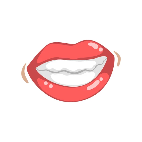Hermosos labios femeninos brillantes sonrientes con dientes blancos, boca emocional de mujer joven vector Ilustración sobre un fondo blanco — Vector de stock