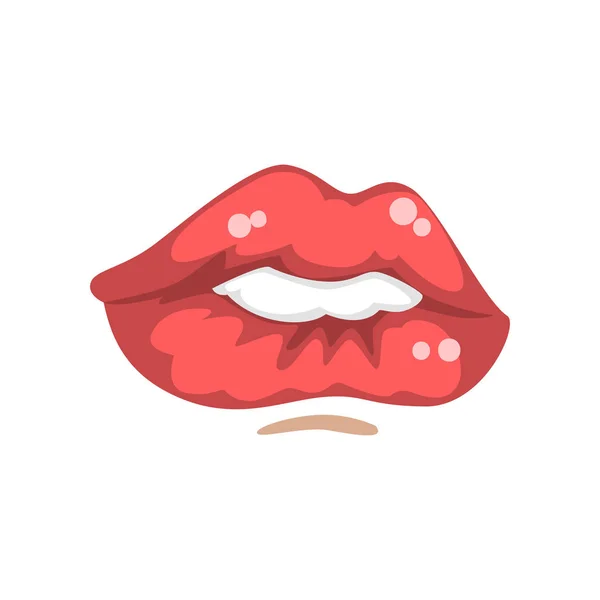 Hermosa boca femenina mordiendo labio inferior rojo, labios emocionales del vector de la mujer joven Ilustración sobre un fondo blanco — Vector de stock