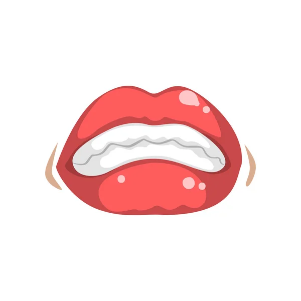 Boca femenina roja con dientes desnudos, boca emocional del vector de la mujer joven Ilustración sobre un fondo blanco — Vector de stock