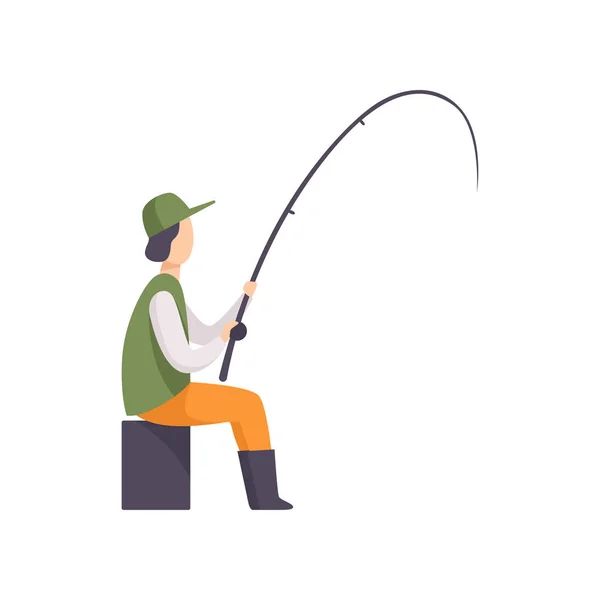 Fisherman sitting on the shore and fishing with a fishing rod vector Illustration on a white background — Stock Vector