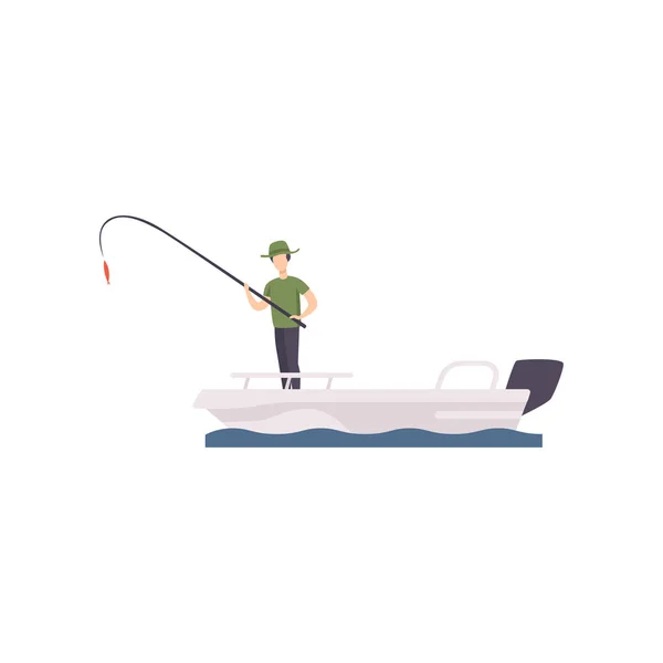 Ψαράς στέκεται στο σκάφος και ψάρεμα με καλάμι εικονογράφηση διάνυσμα σε λευκό φόντο — Διανυσματικό Αρχείο