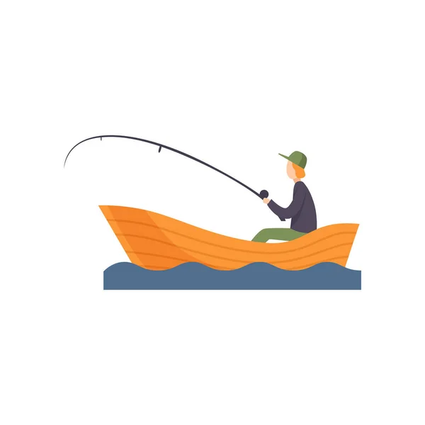 Pescador sentado en barco con caña de pescar en la mano vector Ilustración sobre fondo blanco — Vector de stock