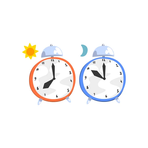 Reloj despertador, vector concepto día y noche Ilustración sobre fondo blanco — Archivo Imágenes Vectoriales