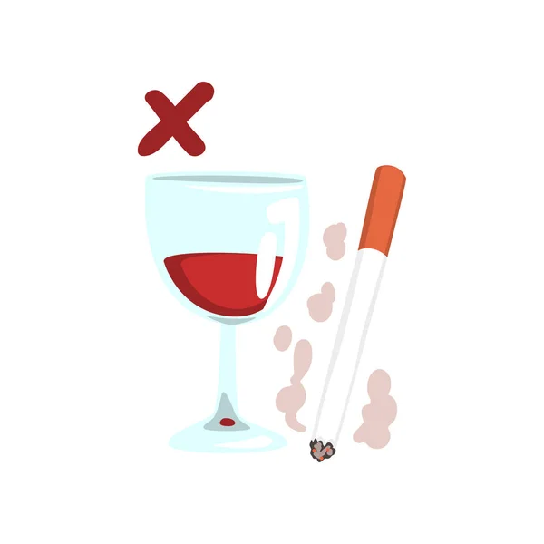 Cigarro e copo de vinho, nenhum vetor de maus hábitos Ilustração em um fundo branco —  Vetores de Stock