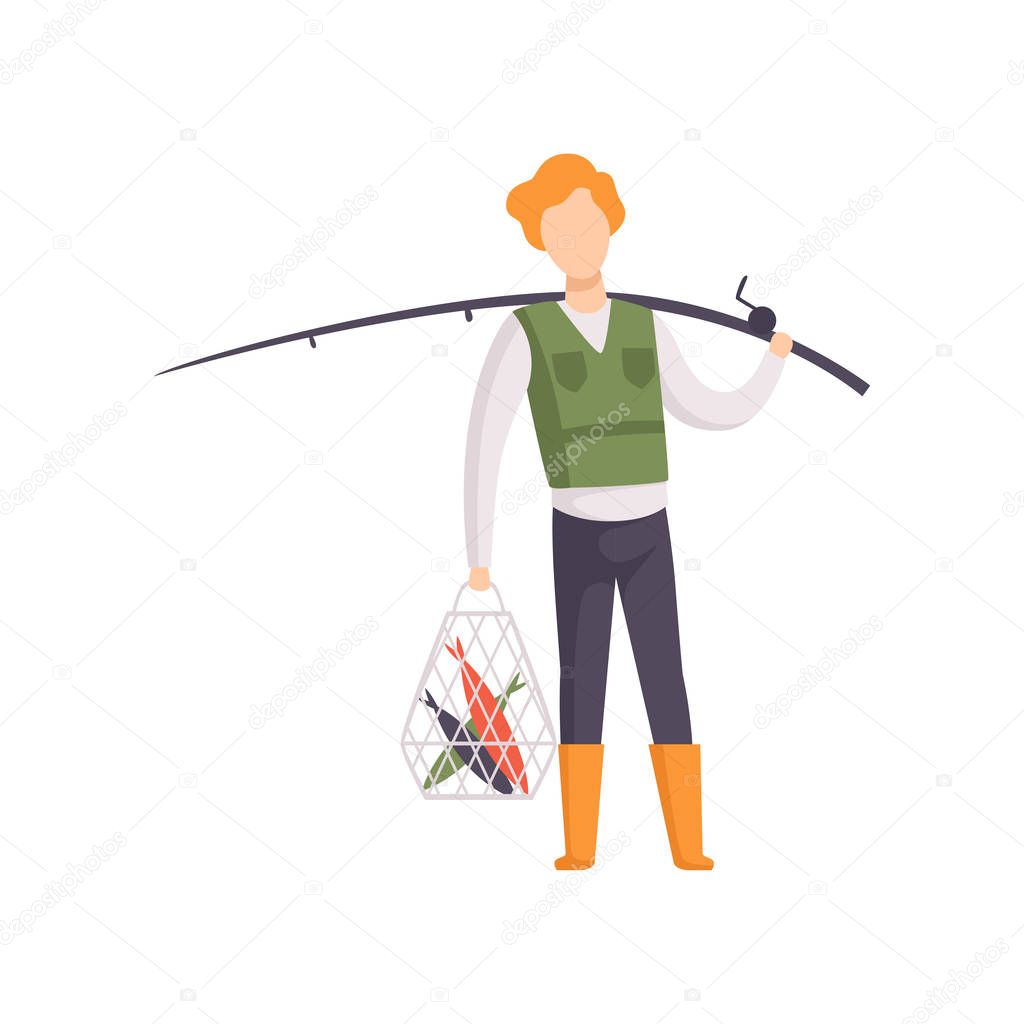 Fisherman standing with caught fish and fishing rod vector Illustration on a white background