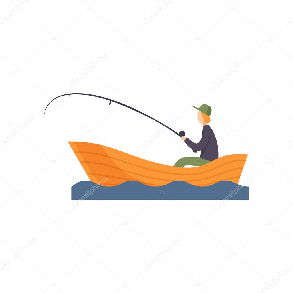 Fisherman sitting on boat with fishing rod in his hand vector Illustration on a white background
