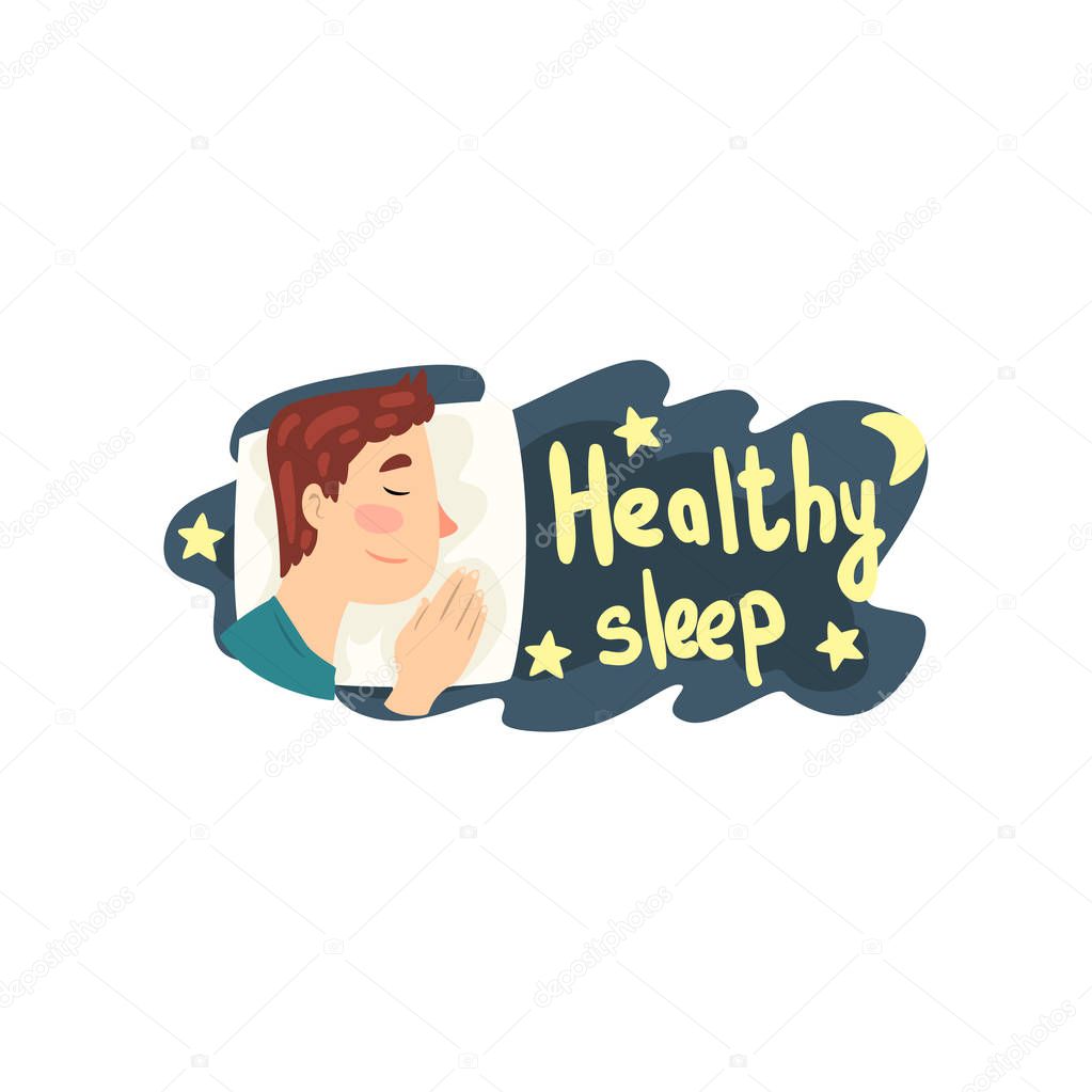 Healthy sleep, man sleeping in his bed at night vector Illustration on a white background