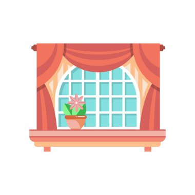 Retro ahşap pencere çerçeve mimari tasarım öğesi vektör çizim beyaz bir arka plan ile perdeler,