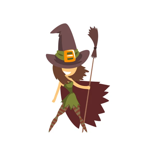 Lindo personaje de bruja pequeña de pie con palo de escoba, niña en Halloween vector de dibujos animados Ilustración sobre un fondo blanco — Vector de stock