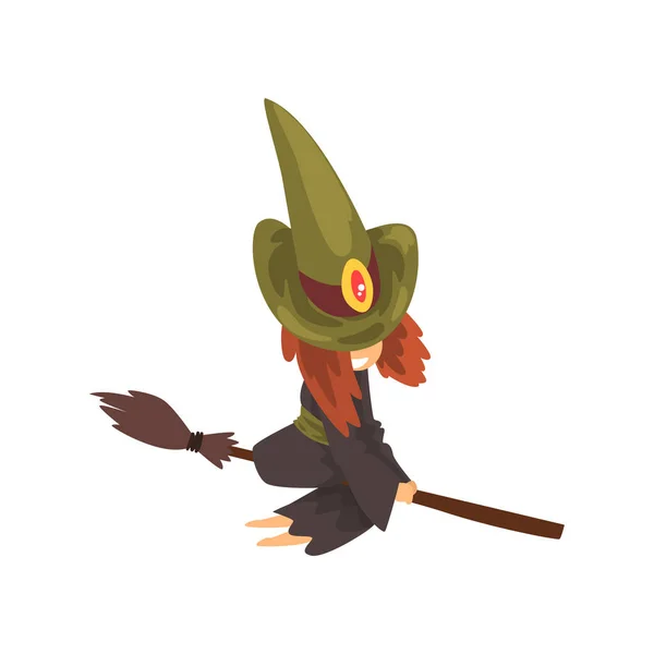 Lindo personaje de bruja en sombrero verde volando con el vector de dibujos animados escoba Ilustración sobre un fondo blanco — Vector de stock